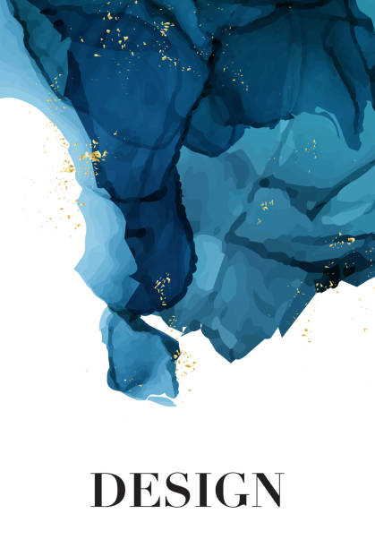 ilustrações de stock, clip art, desenhos animados e ícones de vector watercolor repetition liquid flow in navy blue colors with gold glitters. vector contrast alcohol ink grunge abstract background. wedding decoration design. - blue ink