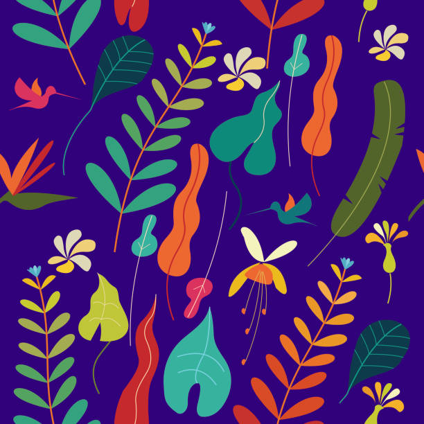완벽 한 화려한 패턴입니다. 열 대 잎과 꽃. 보라색 배경에. 벡터 일러스트입니다. - color image colored background blue background animal stock illustrations