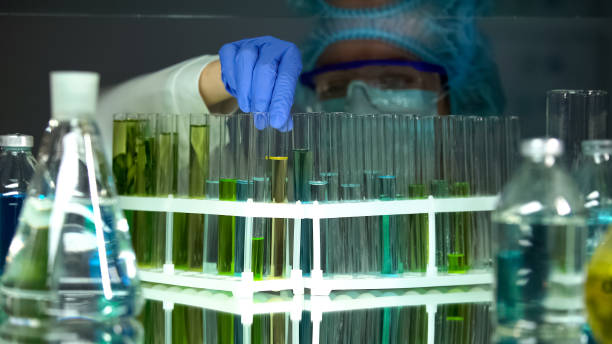 istock Lab worker taking test tube with yellow liquid, perfumery industry development 1152598193