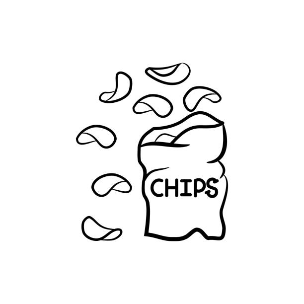 ilustraciones, imágenes clip art, dibujos animados e iconos de stock de icono de la línea de patatas fritas en blanco y negro. logotipo de comida rápida. - potatoe chips