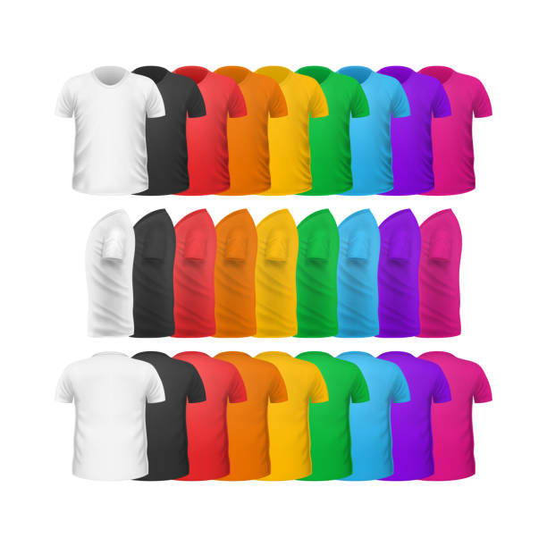 kolorowe t-shirty front view vector set isolated - sports uniform closet sports clothing variation stock illustrations