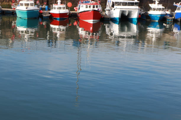 istock Line of small boats in harbour with copy space 1152601120