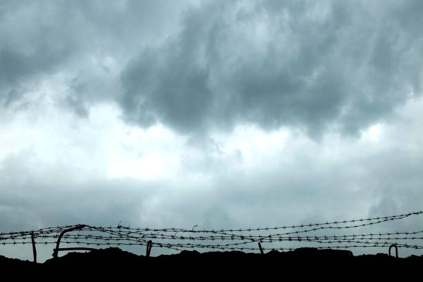 Protected area surrounded with wall and barber wire. Barbed wire used to prevent illegal entry. Barbed wire with dramatic dark clouds on the background. Protected area surrounded with wall and barber wire. Barbed wire used to prevent illegal entry. Barbed wire with dramatic dark clouds on the background. war zone stock pictures, royalty-free photos & images