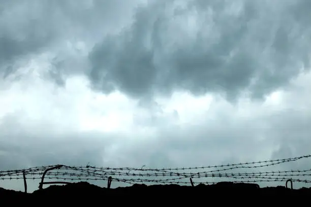 Photo of Protected area surrounded with wall and barber wire. Barbed wire used to prevent illegal entry. Barbed wire with dramatic dark clouds on the background.