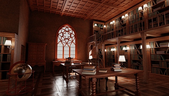 Realistic 3D Render of Old Antique Library