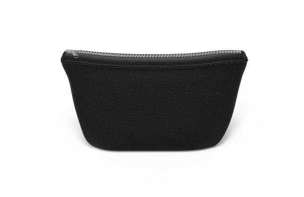 istock Blank leather pouch for cosmetics mock up on isolated white background, empty linen beautician bag with zip mockup template, 3d illustration 1152603018