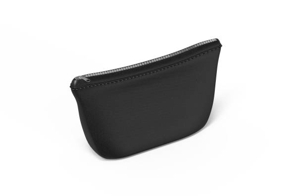 istock Blank leather pouch for cosmetics mock up on isolated white background, empty linen beautician bag with zip mockup template, 3d illustration 1152603158