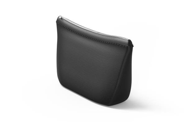 istock Blank leather pouch for cosmetics mock up on isolated white background, empty linen beautician bag with zip mockup template, 3d illustration 1152603306