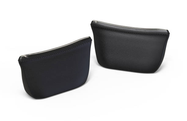 istock Blank leather pouch for cosmetics mock up on isolated white background, empty linen beautician bag with zip mockup template, 3d illustration 1152604153