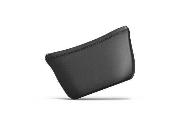 istock Blank leather pouch for cosmetics mock up on isolated white background, empty linen beautician bag with zip mockup template, 3d illustration 1152604205