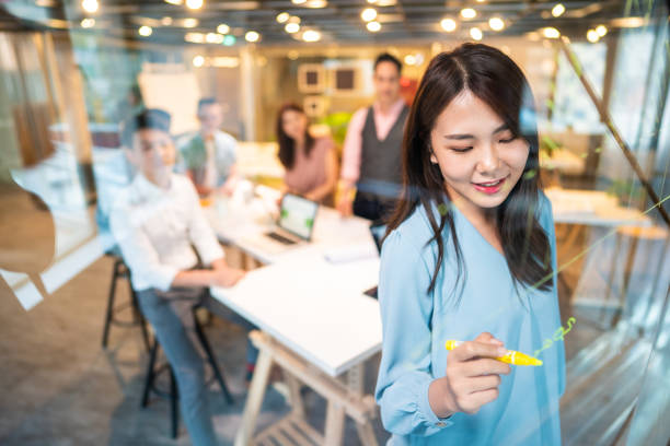 istock Sharing her business plan on transparent wipe board 1152605614