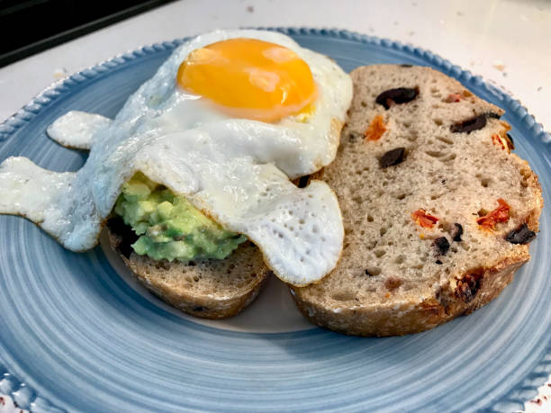 Fried Egg with Avocado on Toast Bread for Breakfast