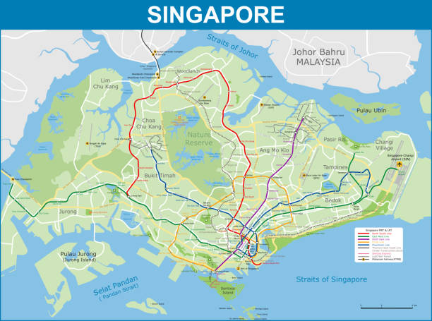 Map of Singapore metro and road network Transportation map of Singapore with Metro(MRT), Lightrail(LRT) and Highway network singapore map stock illustrations