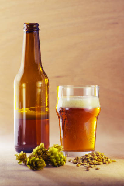 Bottle and glass of beer with barley and hops on wooden background stock photo