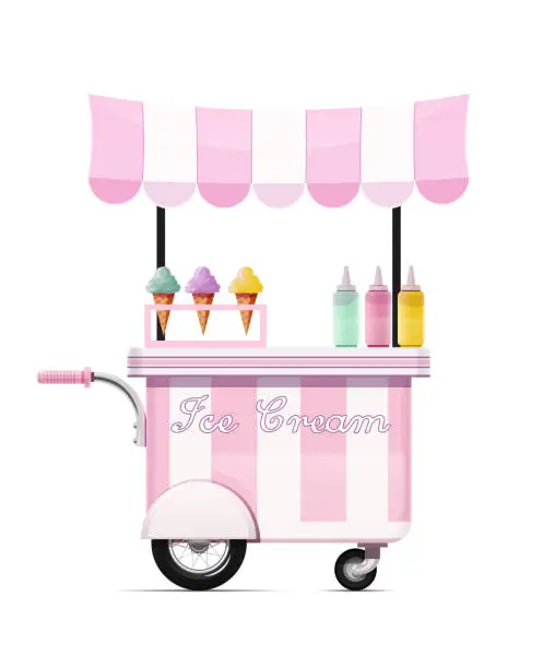 Vector illustration of Ice-cream cart. Fast food snack bar. Mobile shop. Vector illustration.