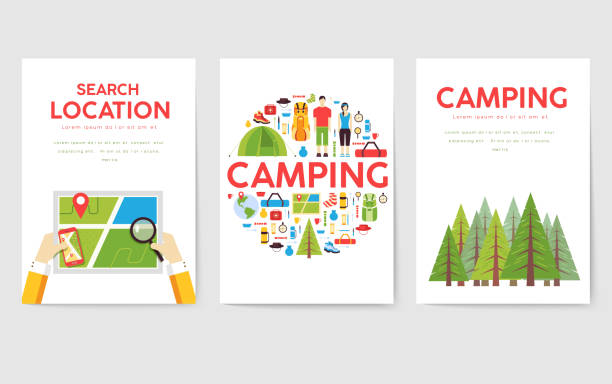 Camping trip cards set. Hiking template of flyer, magazines, posters, book cover, banners. Trave tourl infographic concept background. Layout illustrations template pages with typography text Camping trip cards set. Hiking template of flyer, magazines, posters, book cover, banners. Travel  tour infographic concept background. Layout illustrations template pages with typography hiking snack stock illustrations