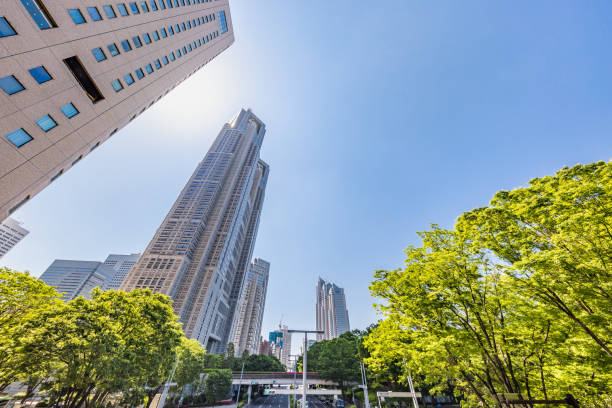 istock Blue sky and fresh green and buildings 1152610964
