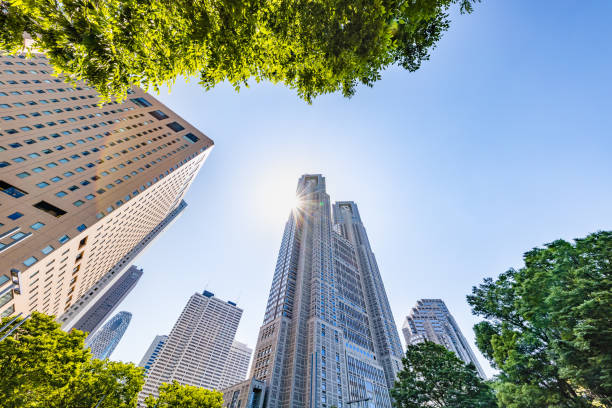 istock Blue sky and fresh green and buildings 1152611100