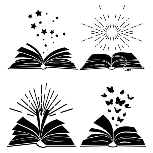 Black books silhouettes Black books silhouettes with flying butterflies, stars and sunburst, vector illustration open book stock illustrations