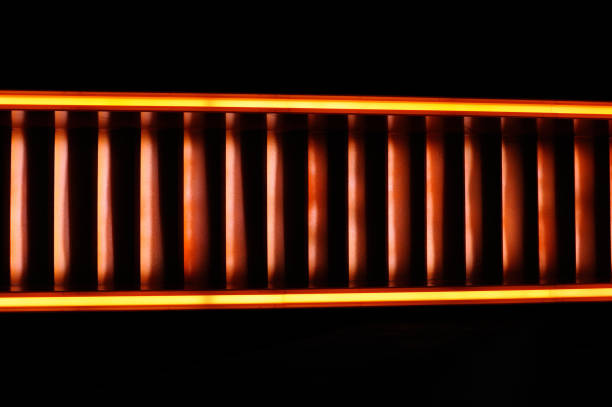 istock Stairway with orange and yellow lights along steps creating a vector illustration 1152613237