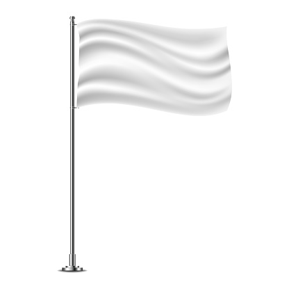 White horizontal flag on flagpole flying in the wind, isolated on white background.