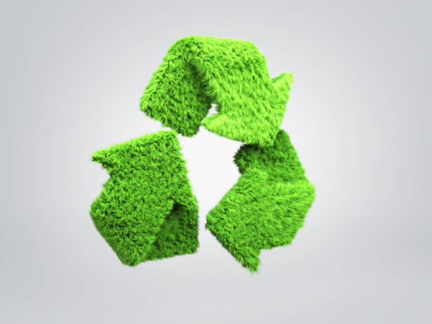 istock volumetric green grass coated recycling sign 3d render on gtey gradient 1152615515