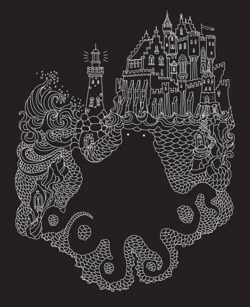 Vector illustration of Vector contour thin line illustration. Giant octopus silhouette, sea waves, island, fairy tale castle, lighthouse. Black and white hand drawn sketch artwork. Halloween party invitation, tee shirt print