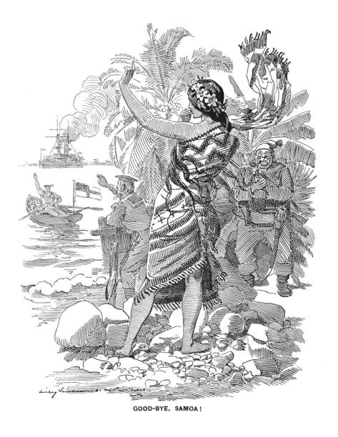 istock British satire comic cartoon caricatures illustrations - Woman representing Samoa waving goodbye to sailor 1152620952