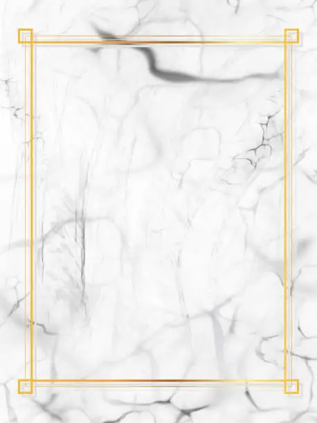 Vector illustration of White Marble Texture Vector Background with Gold Frame, useful to create surface effect for your design products such as background of greeting cards, wedding invitation cards, labels, architectural and decorative patterns. Trendy template inspiration for