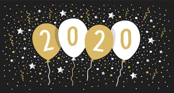 Vector illustration of Happy new year 2020 with balloons. Gold colored.