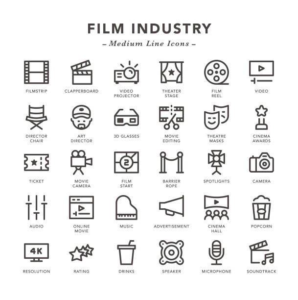 ilustraciones, imágenes clip art, dibujos animados e iconos de stock de industria cinematográfica-iconos de línea media - high definition television audio