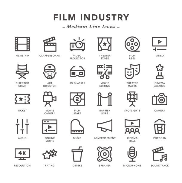 Film industry - Medium Line Icons Film industry - Medium Line Icons - Vector EPS 10 File, Pixel Perfect 30 Icons. ultra high definition television stock illustrations