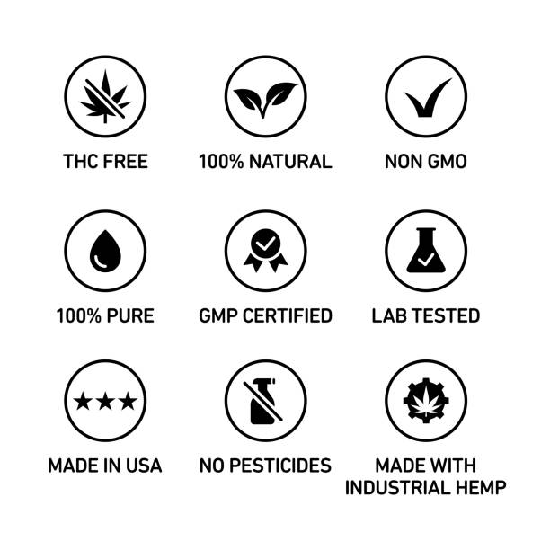 CBD oil icons set THC free, 100% natural, non GMO, 100% pure, fluid, GMP certified, lab tested, made in USA, no pesticides, made with industrial hemp weed stamp stock illustrations