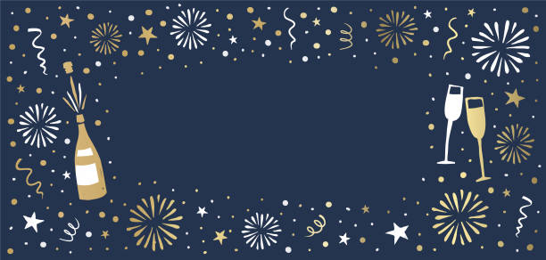 New Year's Eve background with fireworks, champagne bottle, glasses, stars. Hand-drawn graphic.You can edit the colors or sizes easily if you have Adobe Illustrator or other vector software. All shapes are vector