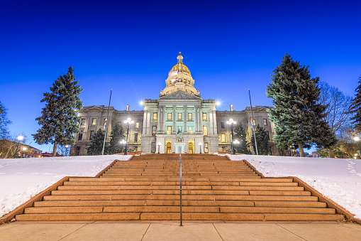Denver, Colorado, USA at the Colorado State Capitol during a winters night.