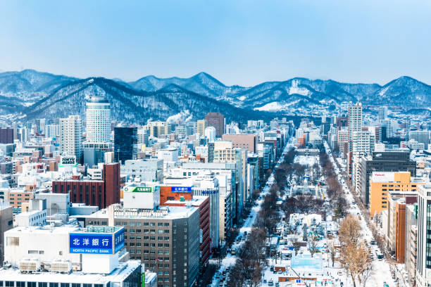 vue de haute de jardin d’odori de la tour de tv en saison d’hiver - hokkaido photos et images de collection