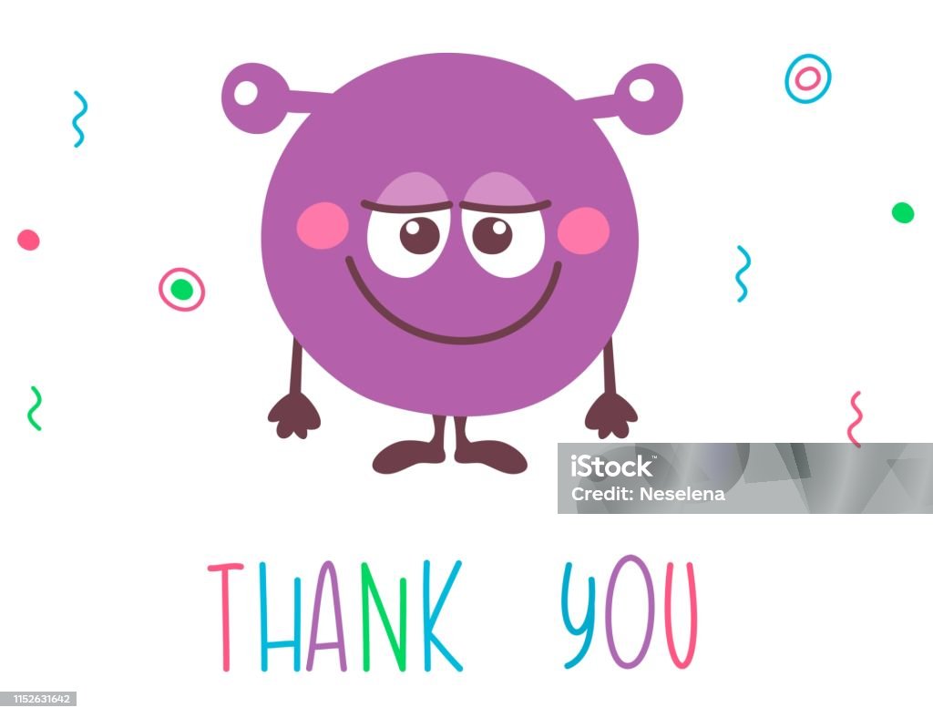 cute cartoon smiling monster. Thank you. Funny emoticon emoji  for kids. Fantasy character. Vector illustrations, cartoon flat style. Alien stock vector