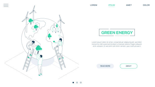 Save the planet - line design style isometric web banner Save the planet - line design style isometric web banner with copy space for text. Website header with male, female characters placing trees on a globe with wind power generators. Ecology concept air quality stock illustrations