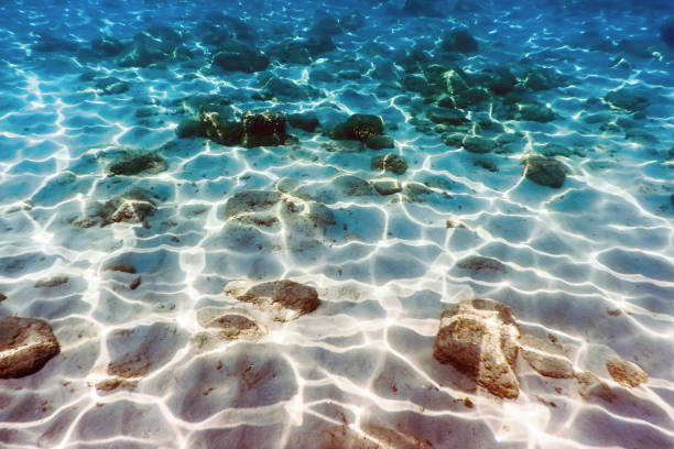 istock White sand and stone with sun ray. Underwater sea background 1152635391