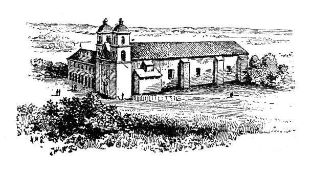 ilustrações de stock, clip art, desenhos animados e ícones de antique illustration of usa: santa barbara mission, california - mission santa barbara