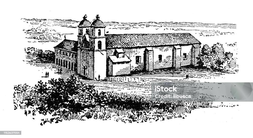 Antique illustration of USA: Santa Barbara mission, California California stock illustration