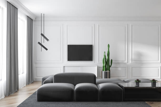 istock Modern living room design interior with sofa and TV screen. 1152638484