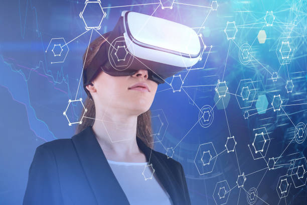 istock Businesswoman in VR glasses, graph and network 1152638643