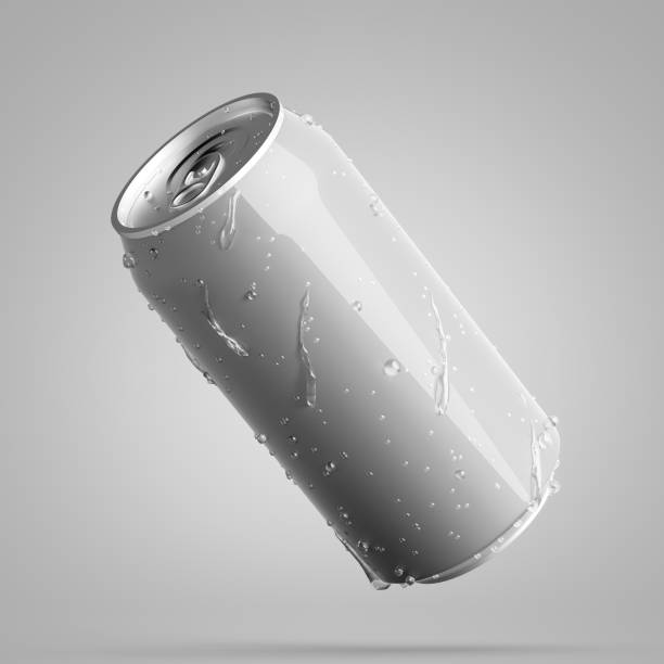 gray diagonal aluminum can with water drops - beer cans imagens e fotografias de stock