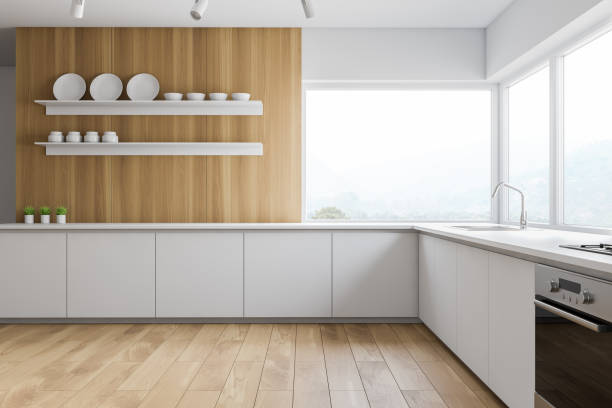 istock White and wooden panoramic kitchen with shelves 1152640046