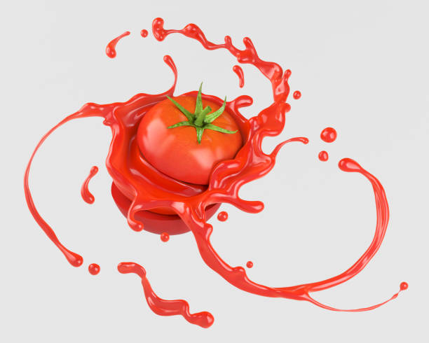 red tomato with juice or ketchup splash. - fruit sauce imagens e fotografias de stock