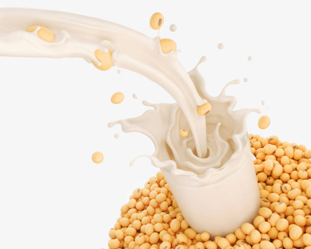 leche de soja verter en el vaso con frijoles de soja. - soybean merchandise soy milk milk fotografías e imágenes de stock