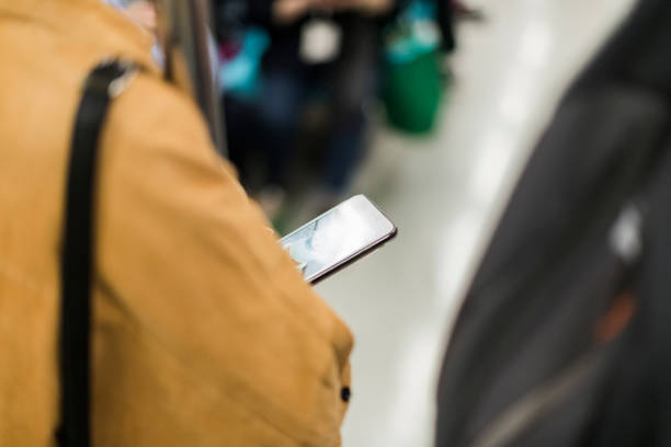 Close up smart phone screen person traveling, copy space.