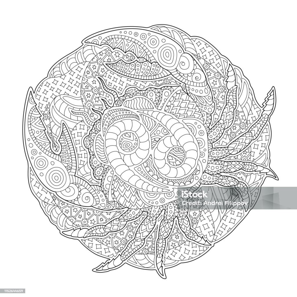 Illustration for coloring book with cancer symbol Beautiful black and white illustration for coloring book with cancer zodiac sign Astrology Sign stock vector