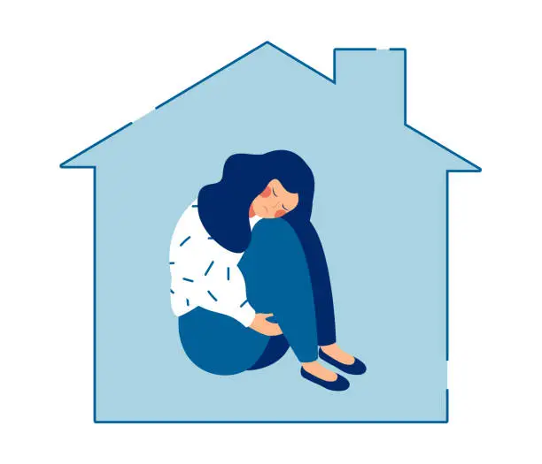 Vector illustration of Young sad woman sits alone at home  and hugging her knees
